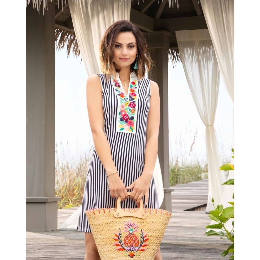 Spartina 449 Shelter Cove Stretchy Tunic Dress Embroidered Blue Striped Small